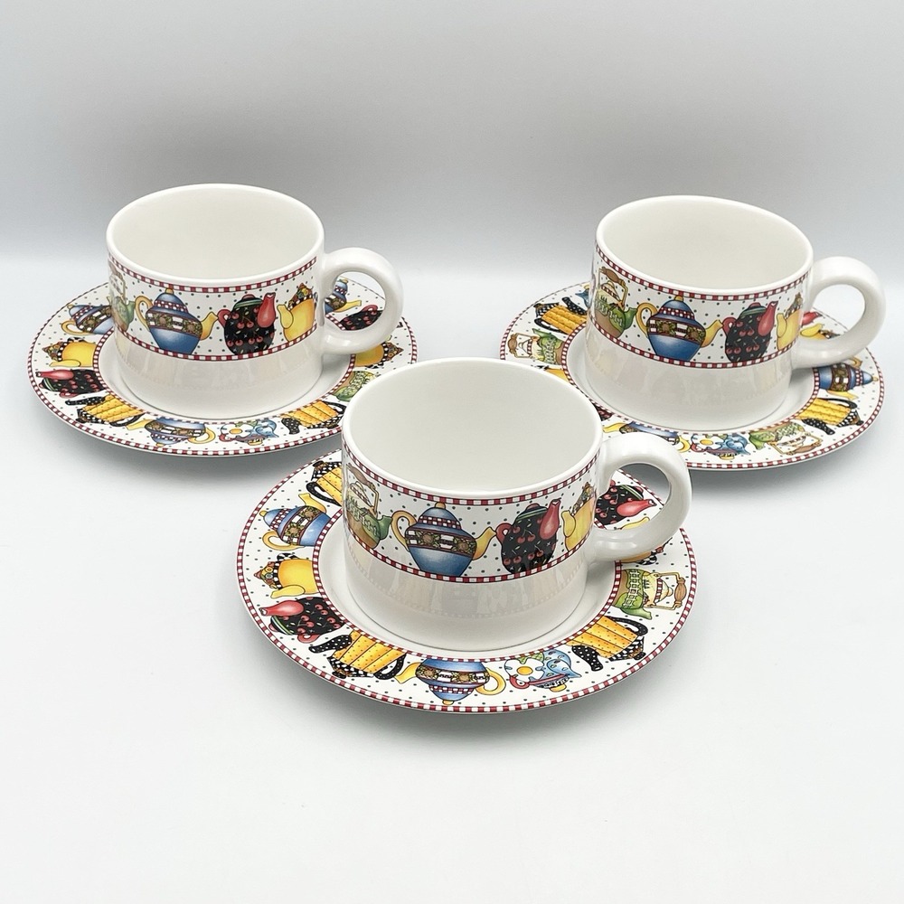 Vintage 1994 Sakura Mary Engelbreit Afternoon Tea Cups & Saucers Set of 3